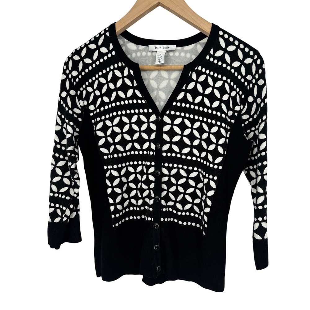White House Black‎ Market Cardigan Sweater Womens M Black White Geometric Button